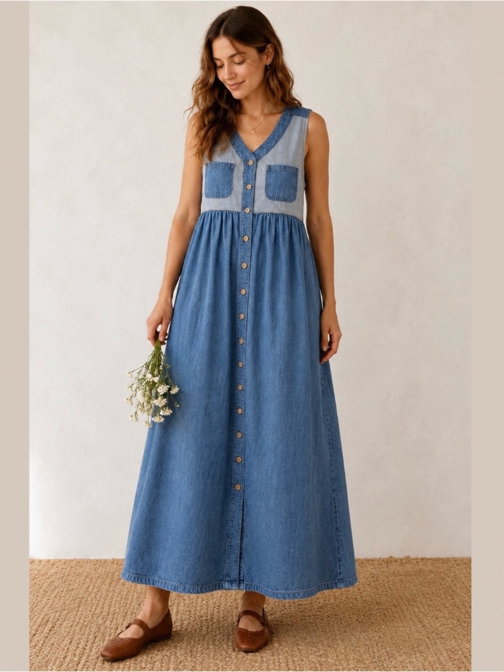 VTG 90s Denim Shirt Maxi Dress M Button Up Western Boho Prairie Americana Farm
